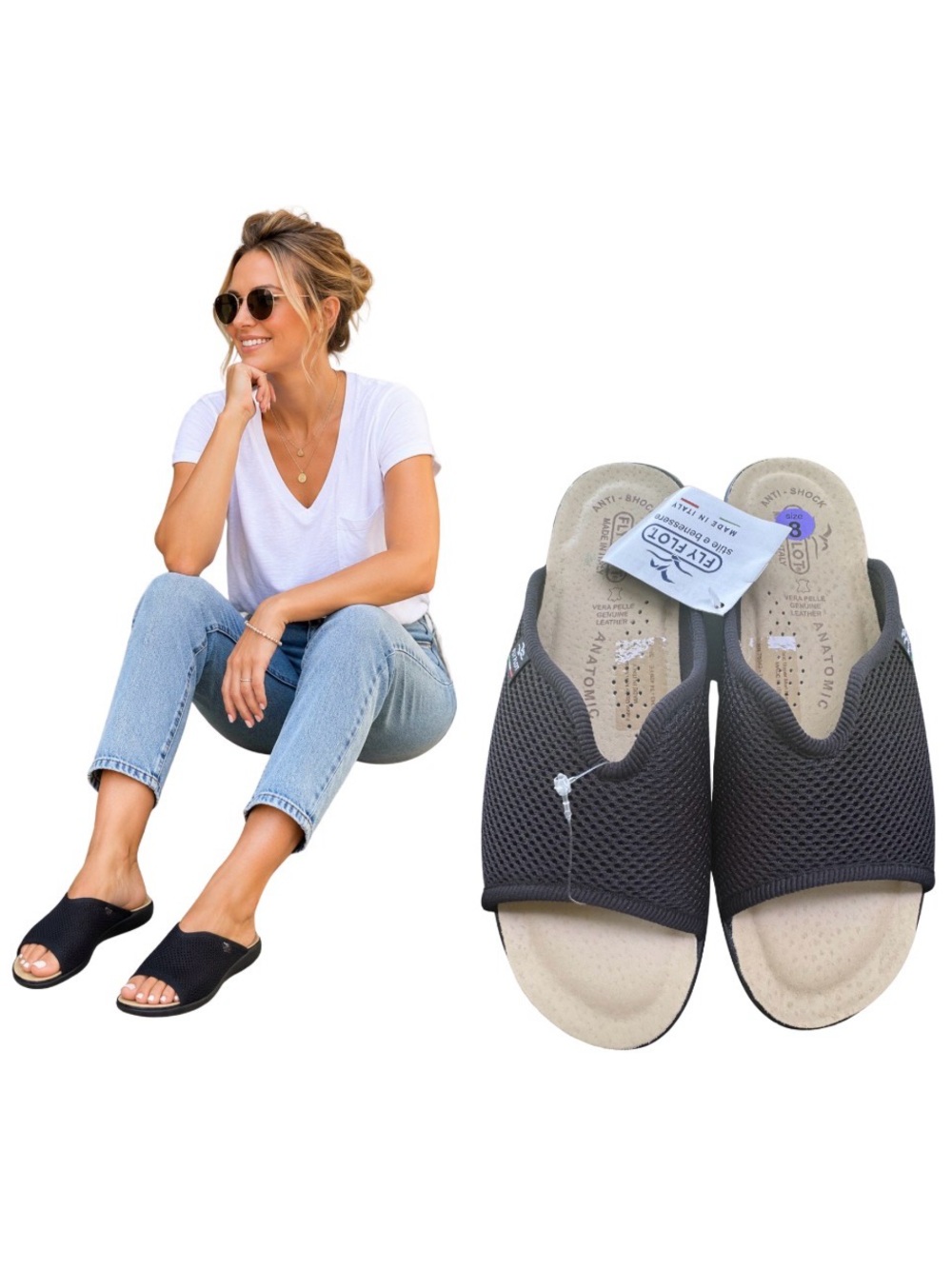 Fly Flot Italy Women’s Anatomical Slide Sandals Black Mesh Leather Footbed NWT